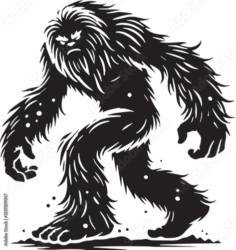 Black Color Mythic Creature Yeti Silhouette Vector Illustration, Solid White Background