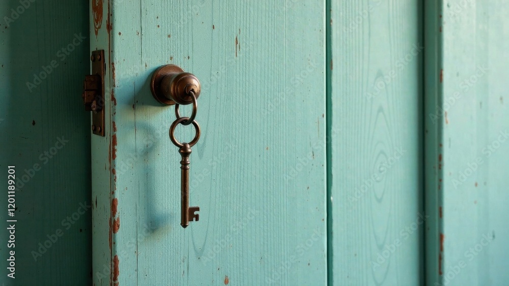 Antique Key Hanging on a Weathered Teal Door with Aged Brass Hardware Antique Key Hanging on a Weathered Teal Door with Aged Brass Hardware