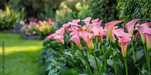 Fototapeta Naklejka Na Ścianę i Meble -  Vibrant pink calla lilies arranged in a lush garden bed with green leaves in the foreground and blurred blossoms in the background under soft sunlight