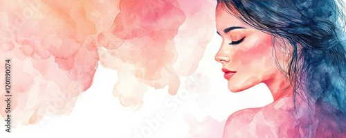 Fluid watercolor concept. A watercolor portrait of a serene woman with flowing hair and soft pastel colors.
