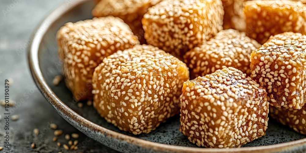 Golden sesame cubes arranged on a dark plate with a textured background, featuring a close-up view and ample copy space for culinary promotions. Golden sesame cubes arranged on a dark plate with a textured background, featuring a close-up view and ample copy space for culinary promotions.