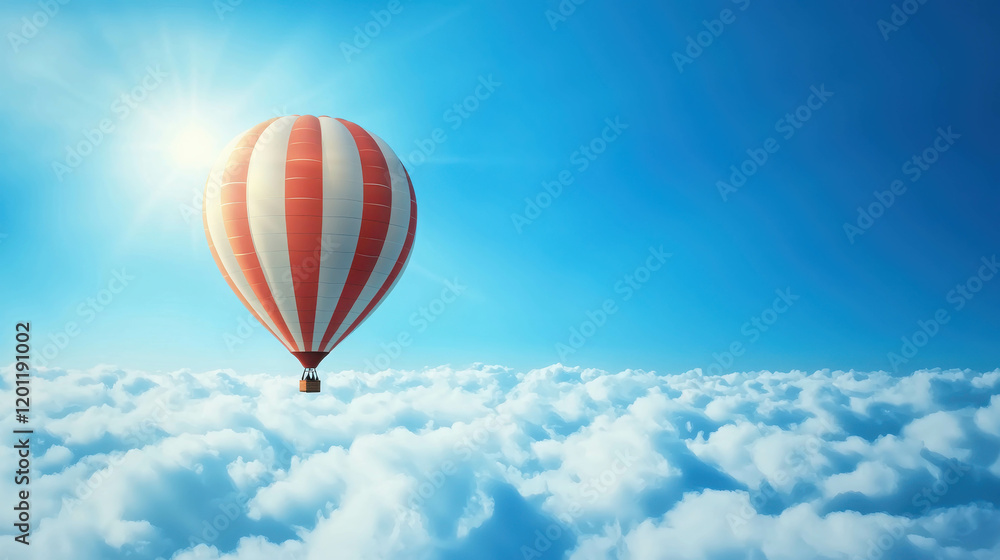 Fototapeta premium Hot Air Balloon Drifting Peacefully Above Soft Clouds Under Bright Blue Sky
