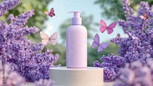 Lavender Lilac Flowers Butterflies Purple Pump Bottle Product Mockup
