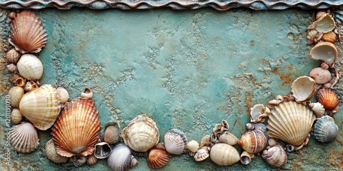 Coastal frame design featuring a turquoise background with assorted seashells arranged around the edges creating a natural beach-inspired look photo