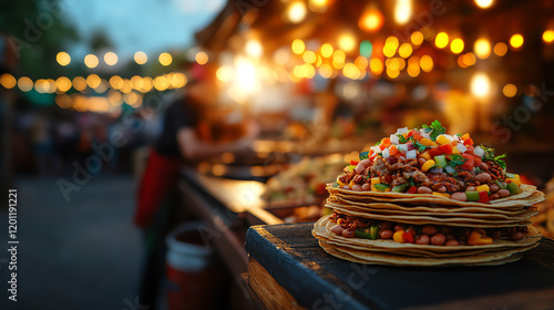 Mexican Tlayudas crispy tortillas, topped with beans, meat, and cheese in a bustling Oaxaca market, [Latin street food, hearty textures] photo