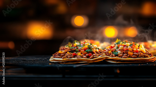 Mexican Tlayudas crispy tortillas, topped with beans, meat, and cheese in a bustling Oaxaca market, [Latin street food, hearty textures] photo