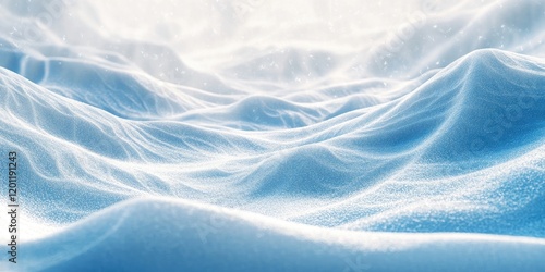 Snowy winter landscape with soft blue and white snowdrifts, illuminated by a gentle light, showcasing intricate windformed textures throughout. photo