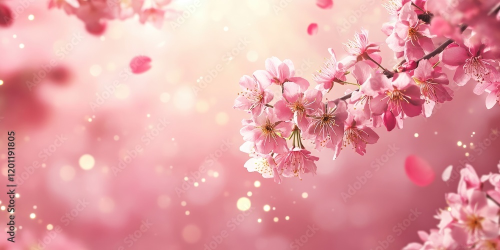 Fototapeta premium Blossoming cherry tree branches with soft pink petals against a dreamy bokeh background showcasing light reflections and pastel hues.