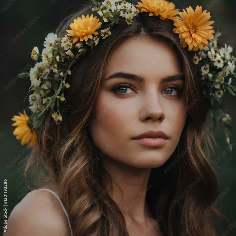 Naklejka premium Beautiful woman with flower wreath on her head. Flowers hairstyle. Spring woman