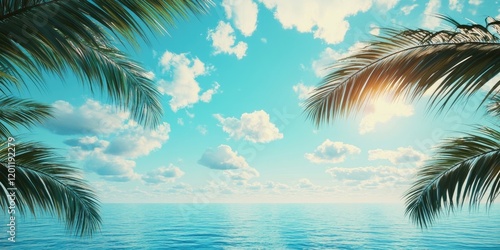 Tropical ocean view with lush palm leaves framing the scene against a calming blue sky and serene water, perfect for travel imagery.