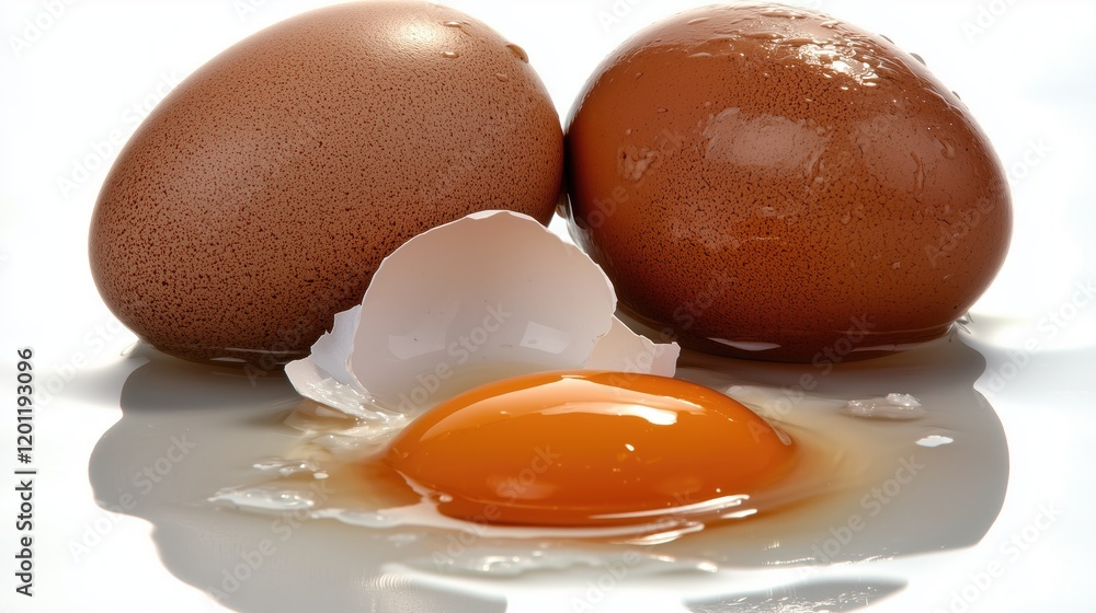 Two brown eggs, one egg broken and the yolk pouring out on a white background. Eggshell Two brown eggs, one egg broken and the yolk pouring out on a white background. Eggshell