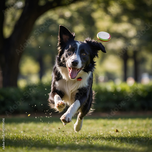 Border Collie dog happily running to catch a flying frisbee in a sunny park
 photo