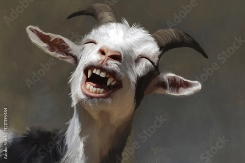 Digitally painted goat chuckling with its head tilted and eyes closed, conveying a sense of joy and playfulness photo