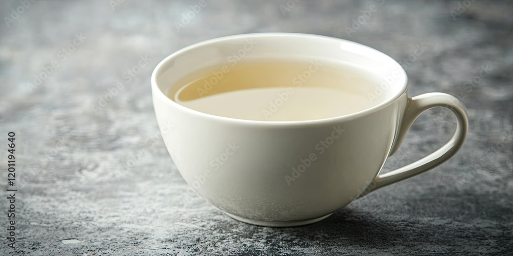 White ceramic cup filled with light tea positioned on a textured gray background highlighting simplicity and minimalism in beverage presentation. White ceramic cup filled with light tea positioned on a textured gray background highlighting simplicity and minimalism in beverage presentation.