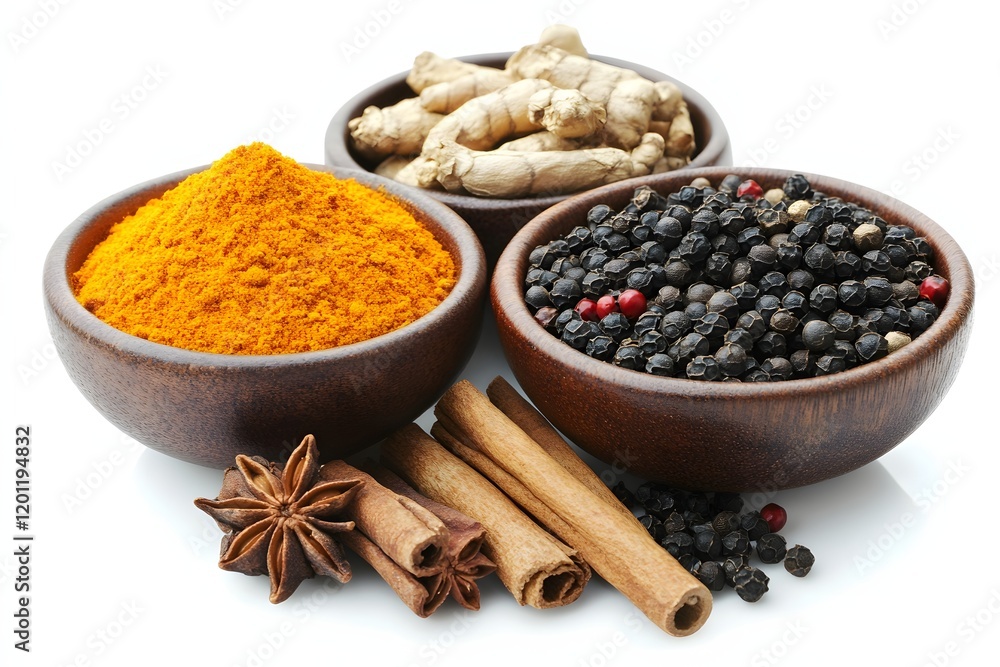 Spices of cinnamon, black pepper, curry powder, star anise and ginger in a bowl on white surface Spices of cinnamon, black pepper, curry powder, star anise and ginger in a bowl on white surface