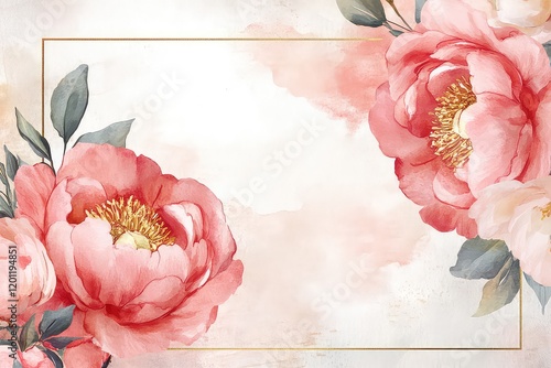 Fototapeta Naklejka Na Ścianę i Meble -  A luxurious invitation with watercolor peonies in soft pink hues, framed by a thin gold border and calligraphy text.