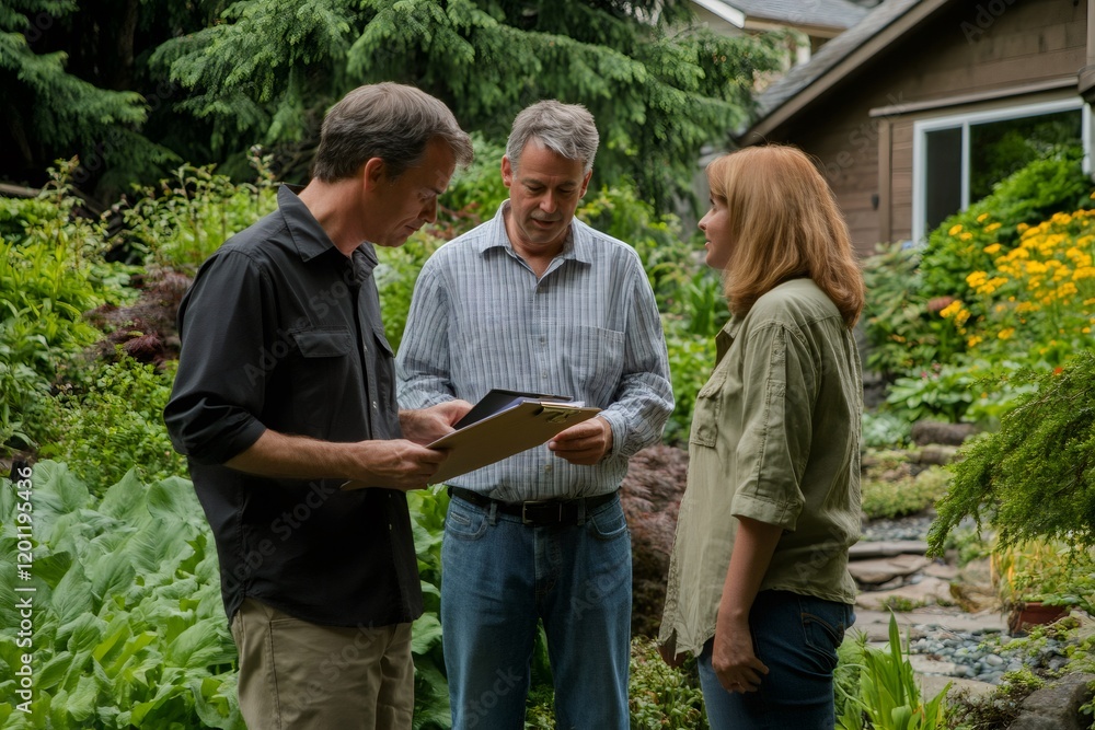 Real estate agent showing property backyard to couple interested in buying house, during a visit on a sunny day Real estate agent showing property backyard to couple interested in buying house, during a visit on a sunny day