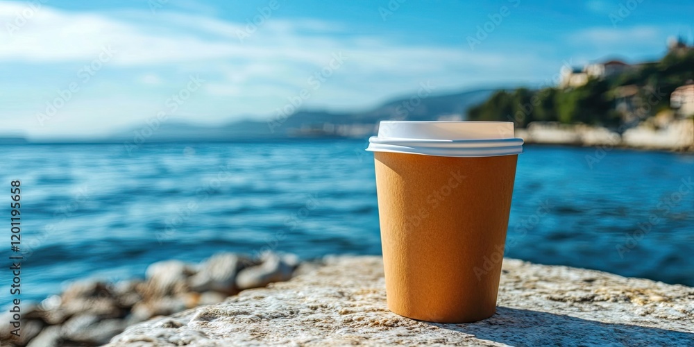 Takeaway coffee cup in kraft paper on rocky shore with blue sea and sky backdrop sunlight glistening on water sunny day coastal scene Takeaway coffee cup in kraft paper on rocky shore with blue sea and sky backdrop sunlight glistening on water sunny day coastal scene