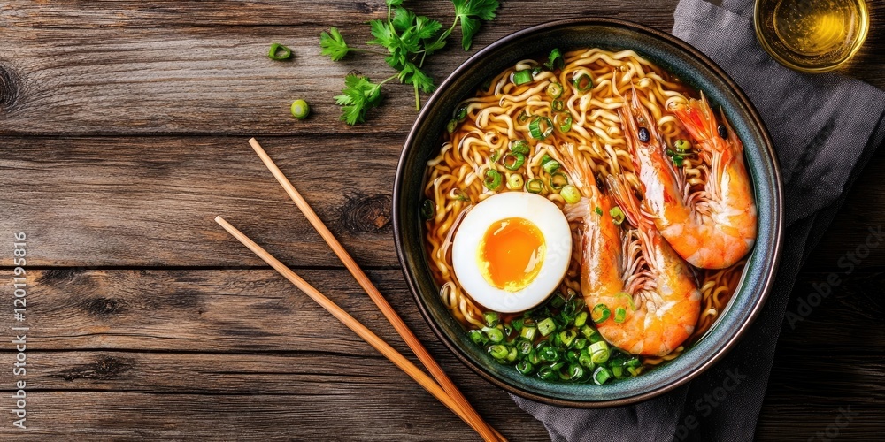 Delicious shrimp ramen with soft-boiled egg in a black bowl on a wooden table with chopsticks and fresh herbs above for text space Delicious shrimp ramen with soft-boiled egg in a black bowl on a wooden table with chopsticks and fresh herbs above for text space