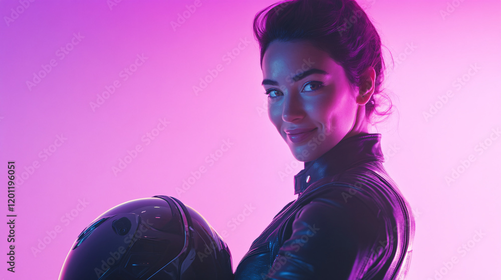 Naklejka premium a woman in a black leather jacket holding a black motorcycle helmet