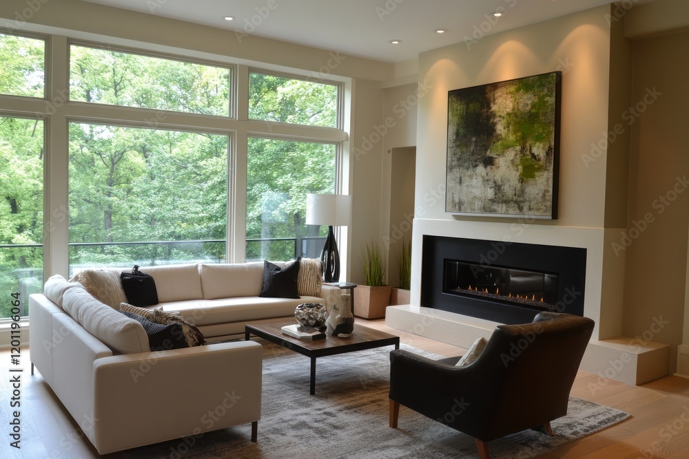 Fototapeta premium Modern living room, fireplace, large windows, forest view, home design.