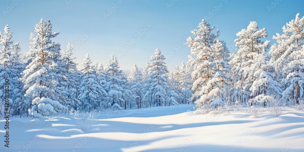 Winter landscape showcasing a snow-covered pine forest under a bright blue sky with soft shadows creating depth in the fresh white snow. Winter landscape showcasing a snow-covered pine forest under a bright blue sky with soft shadows creating depth in the fresh white snow.