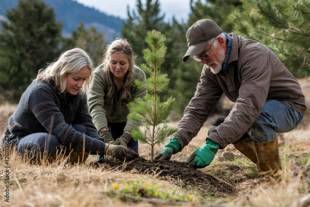 Farmers planting a small evergreen tree in their field, working together for a greener future Farmers planting a small evergreen tree in their field, working together for a greener future