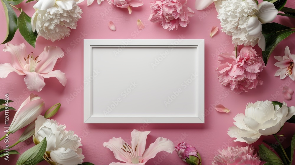 A blank white picture frame with wicker border in the center surrounded by peonies and lilies A blank white picture frame with wicker border in the center surrounded by peonies and lilies