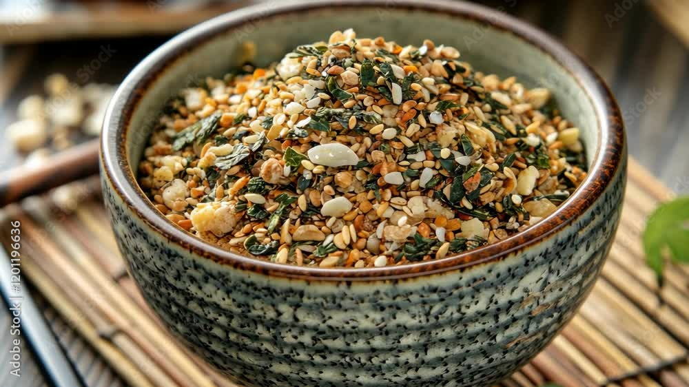 Delicious blend of sesame seeds, seaweed, and spices in a handcrafted bowl on a textured surface in a cozy kitchen setting Delicious blend of sesame seeds, seaweed, and spices in a handcrafted bowl on a textured surface in a cozy kitchen setting