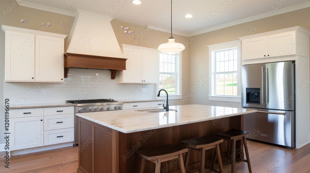 Modern kitchen with an island, wooden accents, and stainless steel appliances. Modern kitchen with an island, wooden accents, and stainless steel appliances.