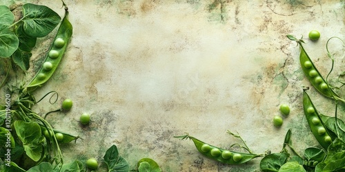 Textured background with aged paper and vibrant green pea pods positioned on a faded earthy surface creating a natural and organic feel