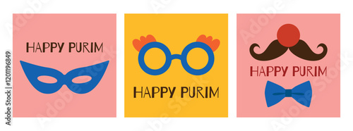 Purim holiday concept, greeting card set. Clown nose, glasses, carnival mask. Bright vector illustration for your holiday.