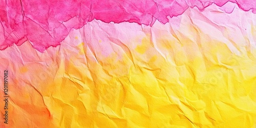 Crinkled watercolor paper in vibrant canary yellow and vibrant fuchsia colors blending together, ideal for artistic backgrounds and textures. photo