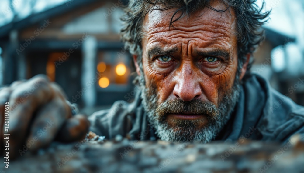 Mature caucasian male with intense expression in rustic outdoor setting Mature caucasian male with intense expression in rustic outdoor setting