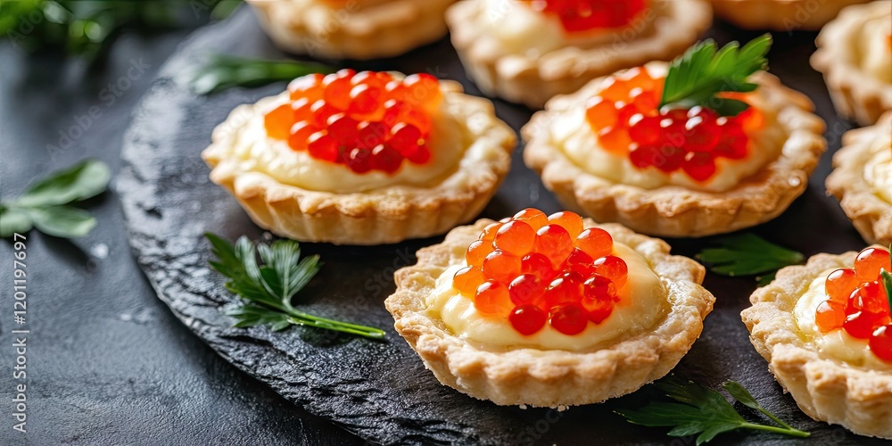 Tartlets with creamy cheese filling topped with vibrant red caviar arranged on a black slate platter with green parsley accents Tartlets with creamy cheese filling topped with vibrant red caviar arranged on a black slate platter with green parsley accents