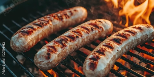 Wallpaper Mural Grilled sausages on barbecue grill over flames showcasing golden brown char marks vibrant orange and red fire background top view composition Torontodigital.ca