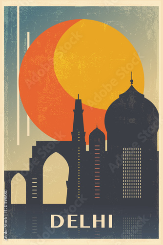 Delhi retro city poster with abstract shapes of skyline, buildings. India vintage travel vector illustration, cityscape at sunrise, sunset