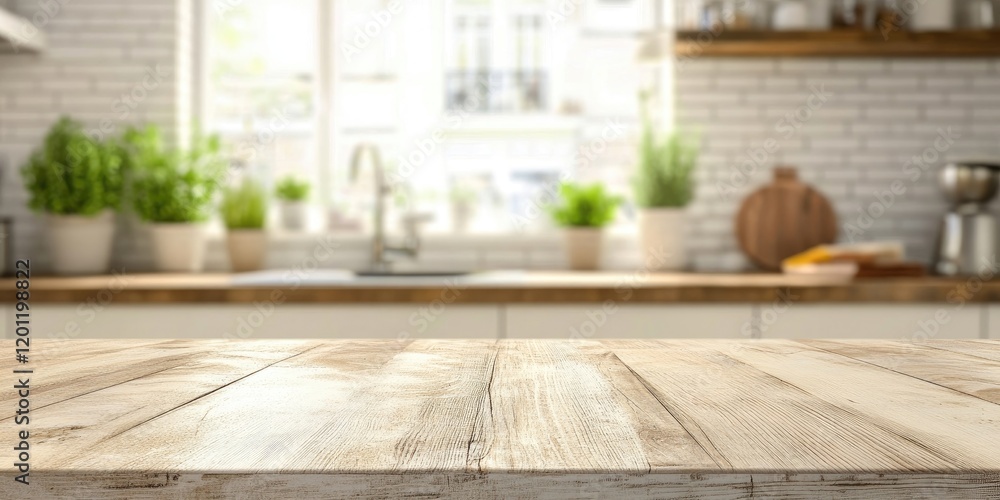 Wooden tabletop with a textured surface in the foreground and a bright, blurred kitchen with potted plants in soft green tones in the background. Wooden tabletop with a textured surface in the foreground and a bright, blurred kitchen with potted plants in soft green tones in the background.