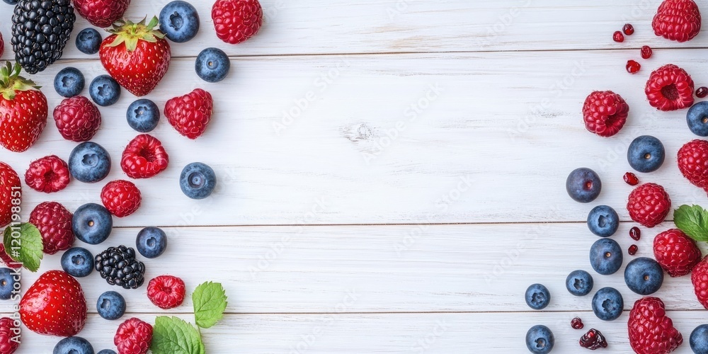 Vibrant assortment of fresh berries including strawberries, raspberries, blueberries, and blackberries on a white wooden surface arranged symmetrically