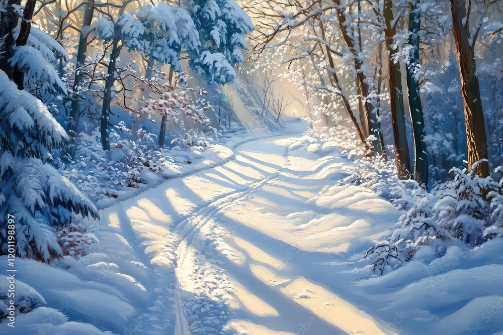 Obraz premium A magical woodland path blanketed with snow, with sunlight casting long shadows.