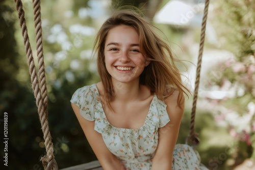 Happy young woman with long brown hair wearing a floral dress smiling while using a rope swing in a green park photo