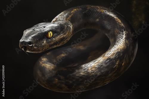 Snake coils gracefully against a dark backdrop, its scales shimmering with a subtle golden hue, its piercing yellow eye radiating confidence and slyness