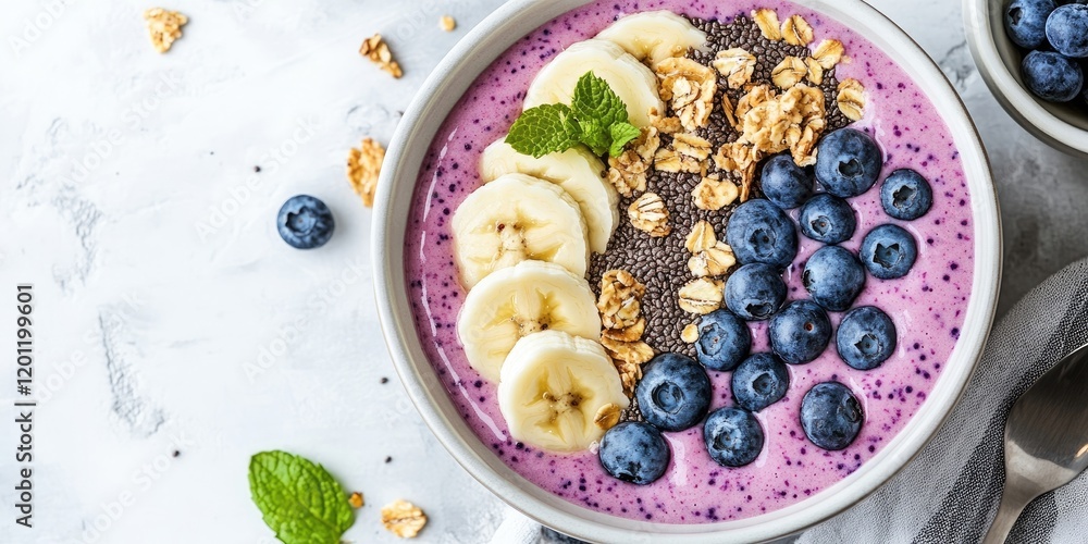 Smoothie bowl topped with banana slices blueberries granola and mint leaves arranged in a gray bowl on a light marble surface