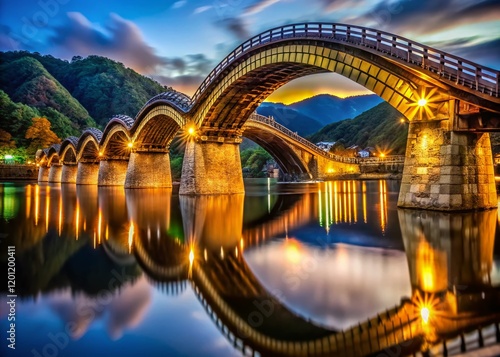 Kintai Bridge, Iwakuni, Japan: Night Photography, Illuminated Wooden Architecture photo