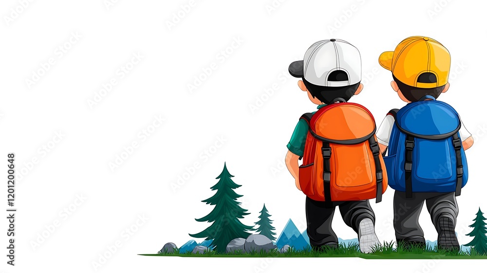 Two Children with Backpacks Hiking in a Mountainous Forest Two Children with Backpacks Hiking in a Mountainous Forest