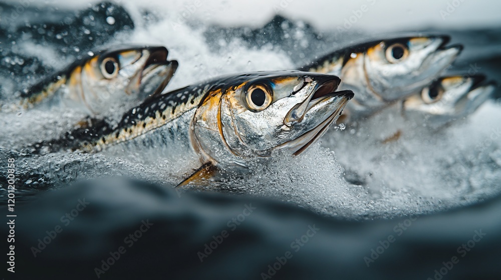 School of fish leaping from ocean waves School of fish leaping from ocean waves