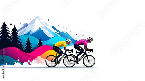 Two Cyclists Racing Through a Colorful Mountain Landscape