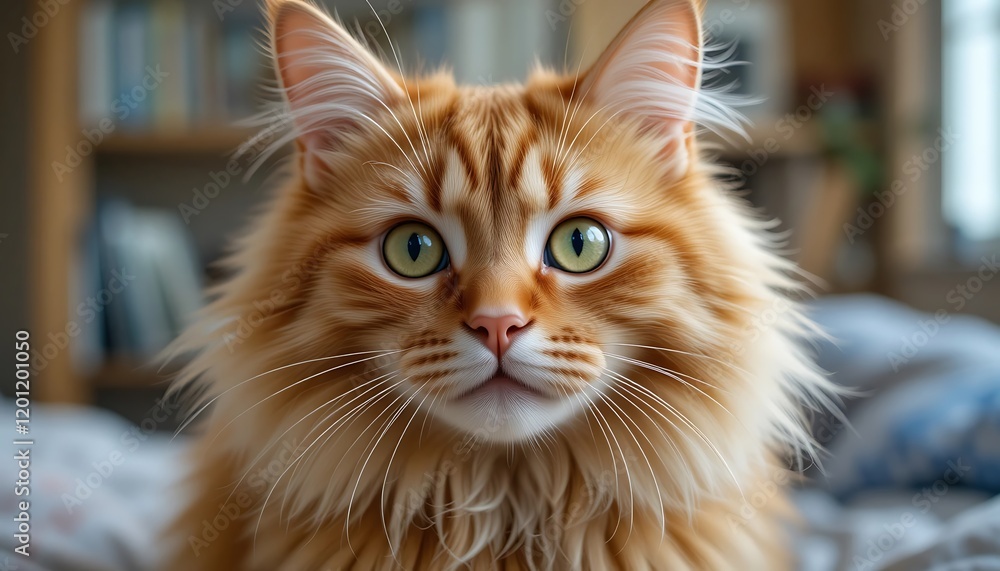 Close-up portrait of a magnificent ginger longhair cat with striking green eyes, resting on a soft bed in a cozy home environment. Close-up portrait of a magnificent ginger longhair cat with striking green eyes, resting on a soft bed in a cozy home environment.
