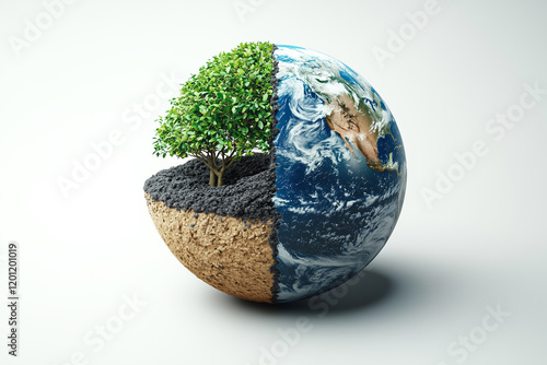 A human hand holds half of the Earth and half of soil with a growing plant. The concept of sustainability, global health, and nurturing the planet on World Health Day and Earth Day. Generative AI. photo