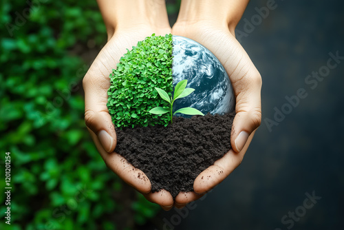 A human hand holds half of the Earth and half of soil with a growing plant. The concept of sustainability, global health, and nurturing the planet on World Health Day and Earth Day. Generative AI. photo